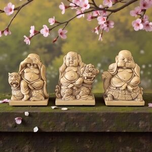 Laughing Buddha statues "See No Evil, Hear No Evil, Speak No Evil Faux Ivory